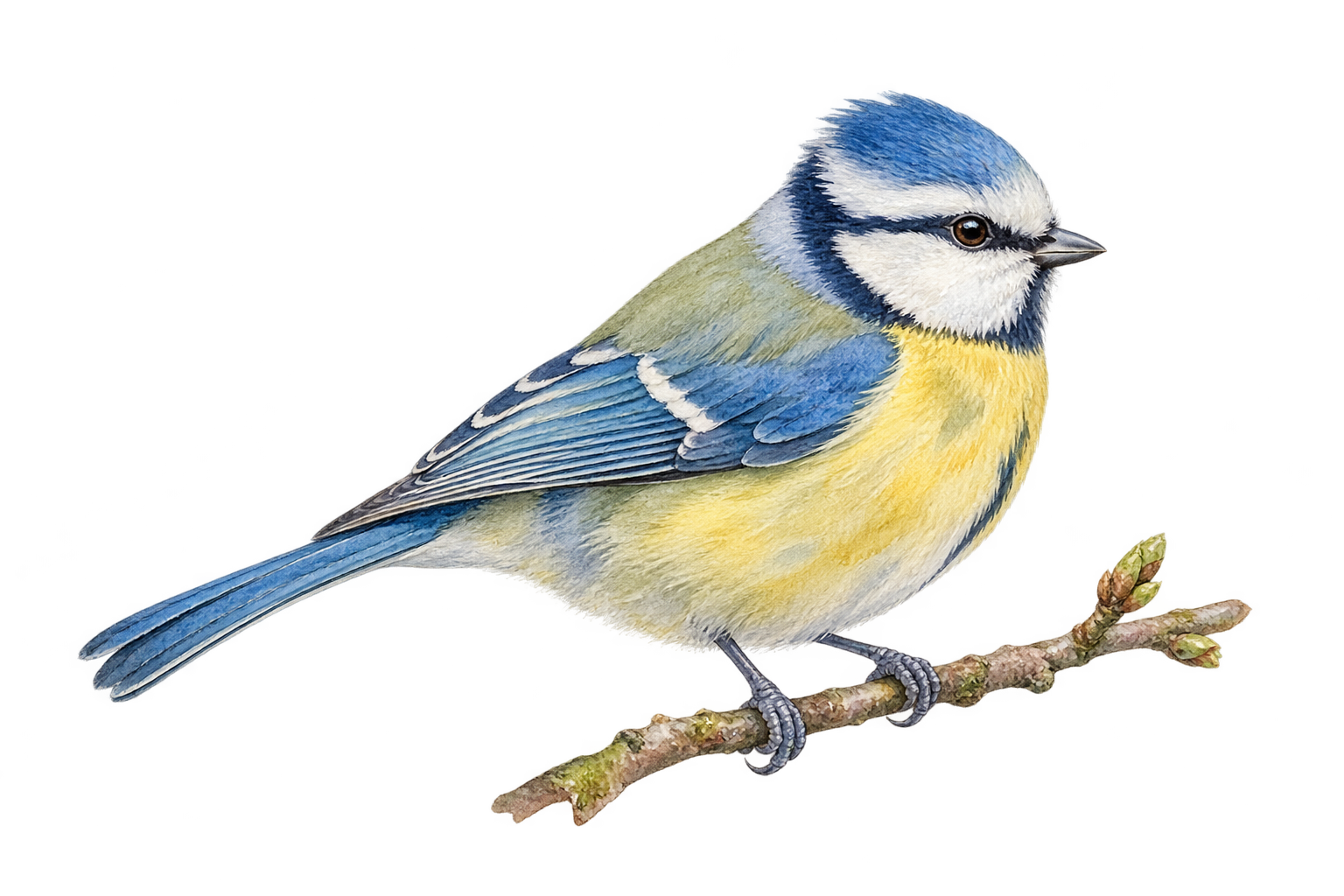 Une mésange bleue peinte à l’aquarelle, posée sur une branche.